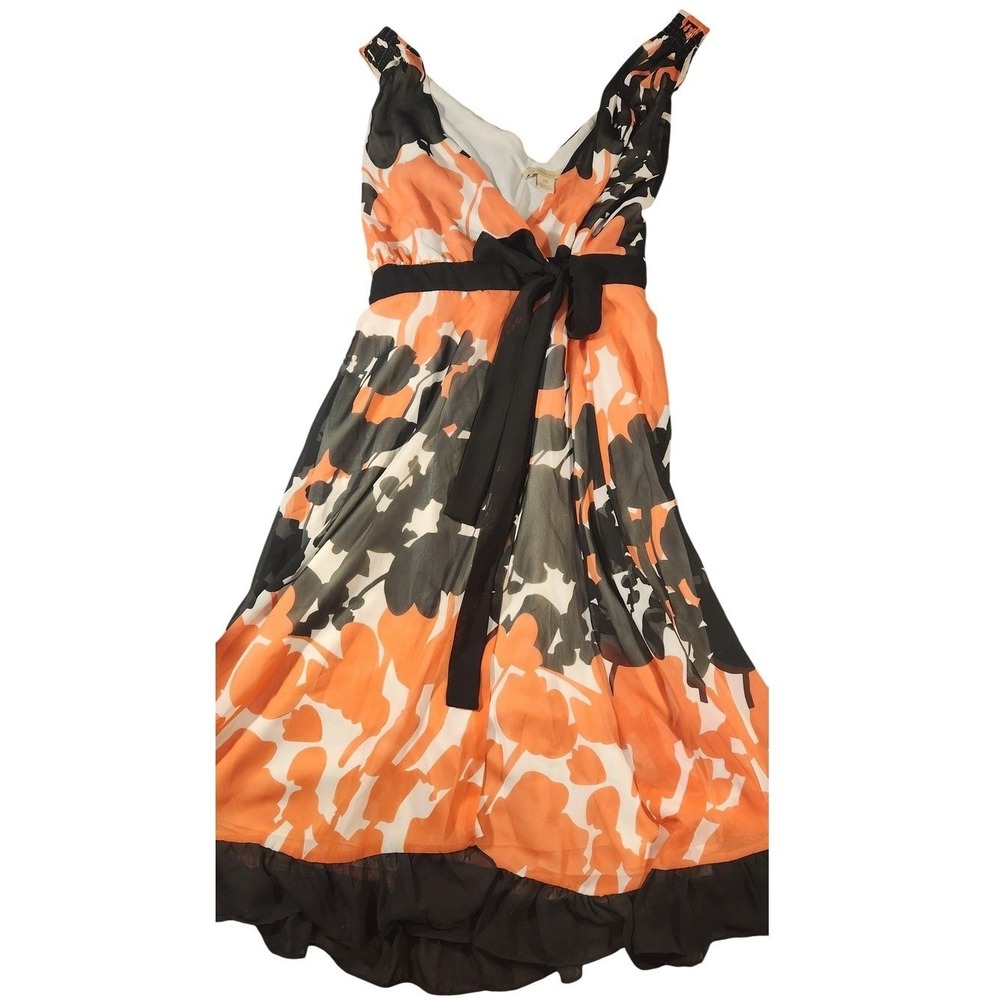 Jonathan Martin Dress Womens 10 Orange Floral V Neck Fit Flare Chiffon Sundress